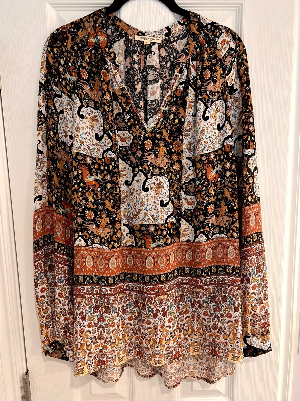 Christian Siriano Novelty Horse Paisley Patchwork Long Sleeve Tunic Blouse Top